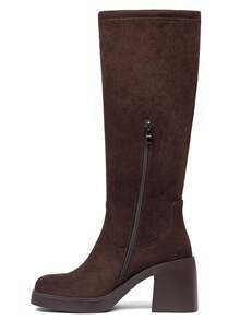 2025 New Fall Fashion Knee High Boots For Women Thick Heel Solid Color Side Zipper Square Toe Comfortable Classic Wide Calf Boots Winter Party Motorcycle Nightclub Shoes - 棕色絨面革 - 查看 4