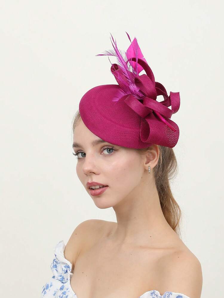 1 pièce Chapeau de style bohème élégant de palais de style avec nœud, coque de couleur unie, voile en polyester avec plumes. Convient pour les courses, enterrement de vie de jeune fille, mariage, fête de Noël, garden party - Multicolore - Voir 13