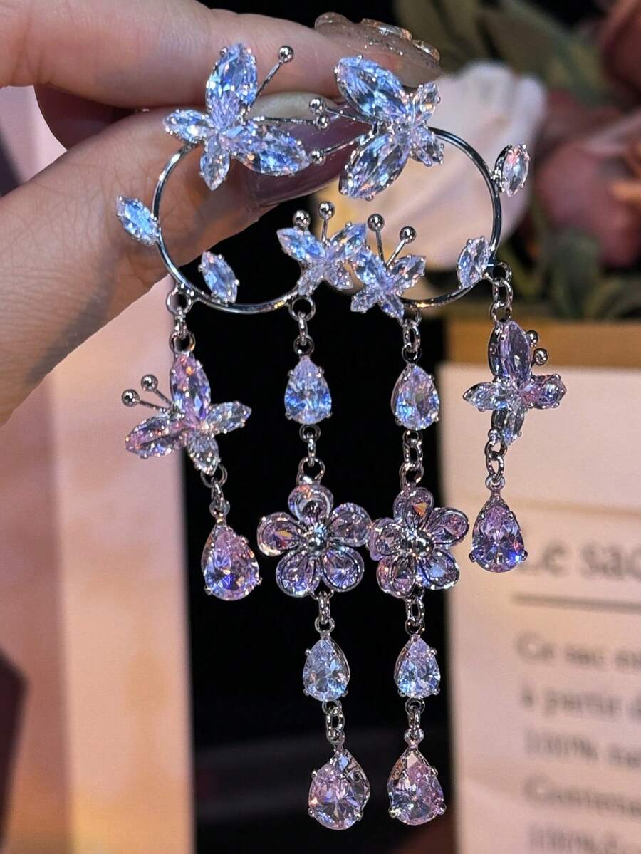 2 piezas Pendientes colgantes elegantes y de moda con mariposa, flor y borla, aleación de cobre con rhinestones, pendientes colgantes multicolor, adecuados para uso diario de mujer, fiesta, cita, regalo de San Valentín, regalo diario, regalo de joyería - Multicolor - Ver 1