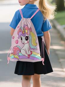 儿童独角兽图案抽绳背包 - 轻便耐用，可爱篮球和独角兽印花，适合青少年女孩运动健身、游泳、旅行徒步，也适合上学、运动、旅行和玩具收纳。 - 均碼 - 查看 4