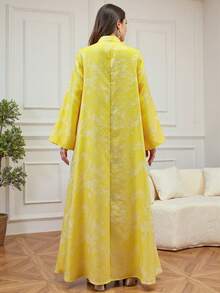 Elegant & Fashionable Women's Long V-Neck Kaftan Dress With Shiny Applique, Suitable For Eid Al-Fitr, Eid Al-Adha, Home, Daily Wear, And Dates - Yellow - View 2