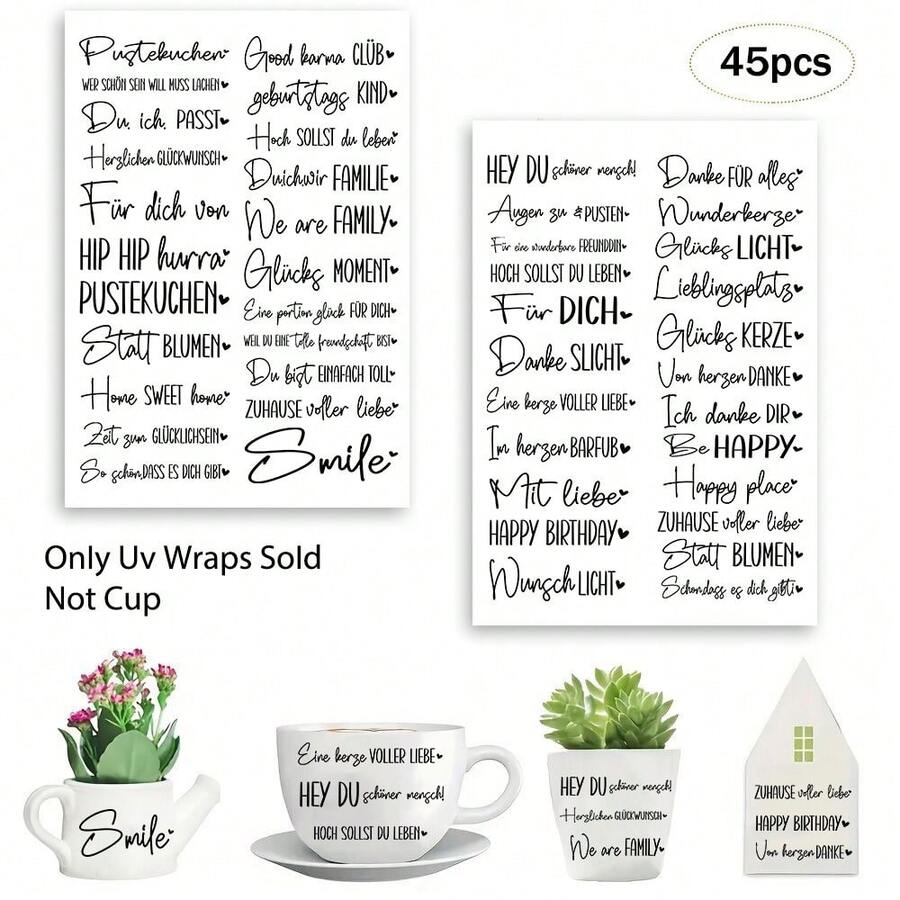 45pcs German Heart Quotes Stickers Rub-On UV Dtf Cup Wraps Stickers Compatible For Glass With German Inspirational Proverbs, Heart-Shaped Family & Friendship Birthday For You With Love Happiness Home Sparkler Saying Phrases Sticker - Self-Adhesive DIY Crafts Pack Decals For Cups, Glass, Ceramic, Furniture - Single Use Plastic Quotes Suitable For Home Decor, Crafts - Multicolor - View 1
