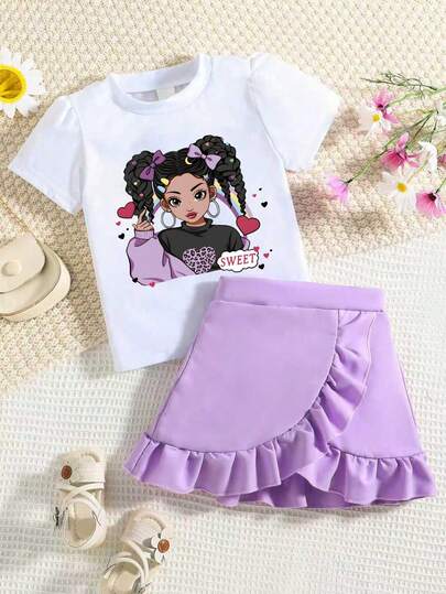 Young Girl Round Neck Letter & Cartoon Girl Print Short Sleeve T-Shirt And Ruffle Hem Mini Skirt Casual Daily Holiday Outfit Set