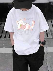 2026 Latest T-Shirt, With Unique Patterns Cute Cat T-Shirt White Print Sweet Kitten And Strawberry Graphic Summer Casual Clothing For Women And Men A Versatile Blouse Suitable For All Seasons, Perfect For Children To Wear, Or New, Christmas, Day Of The Dead, Mother's Day, Children's Day, Thanksgiving (1 Piece). - 白色 - 查看 1