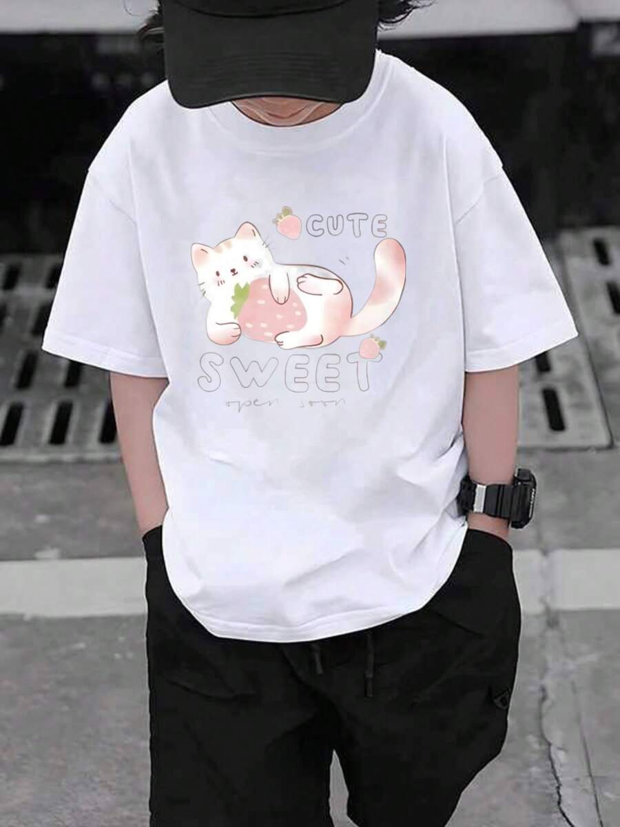 2026 Latest T-Shirt, With Unique Patterns Cute Cat T-Shirt White Print Sweet Kitten And Strawberry Graphic Summer Casual Clothing For Women And Men A Versatile Blouse Suitable For All Seasons, Perfect For Children To Wear, Or New, Christmas, Day Of The Dead, Mother's Day, Children's Day, Thanksgiving (1 Piece). - 白色 - 查看 1