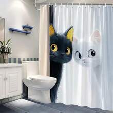 1 pieza Cortina de ducha con diseño de gato de dibujos animados, gatos en blanco y negro con fondo suave, sin necesidad de taladrar, de poliéster duradero, adecuada para la decoración del baño, cortina de ducha, ventana y decoración elegante del hogar, accesorio de moda para el hogar con estampado para el baño, regalo para amantes de los gatos - Multicolor - Ver 1