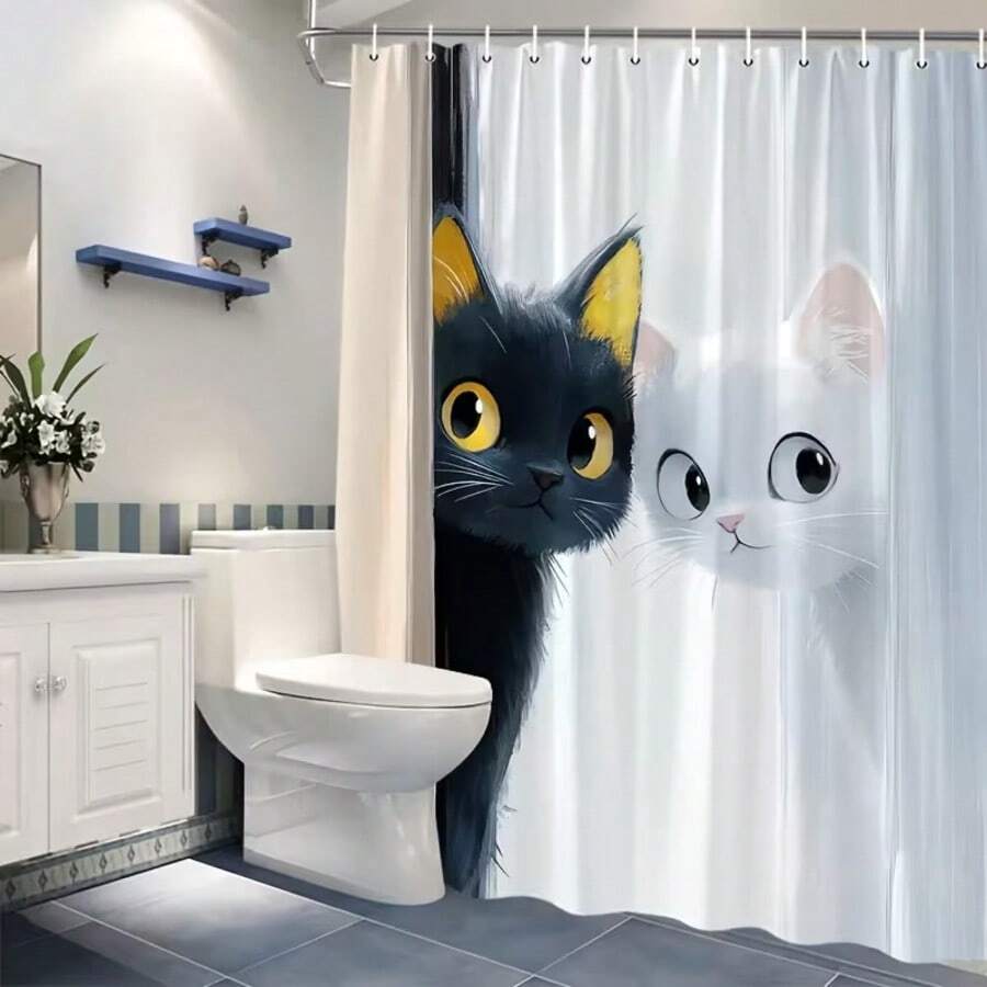 1 pieza Cortina de ducha con diseño de gato de dibujos animados, gatos en blanco y negro con fondo suave, sin necesidad de taladrar, de poliéster duradero, adecuada para la decoración del baño, cortina de ducha, ventana y decoración elegante del hogar, accesorio de moda para el hogar con estampado para el baño, regalo para amantes de los gatos - Multicolor - Ver 1