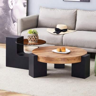 Modern, Simple Round Side Table With Two Levels – Transparent Grey Glass Top And Black MDF In An L-Shape. Marble-Effect Tabletop. Disassemblable Design For More Flexible Room Use.