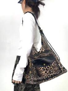 Y2K Retro Women's Leopard Print Shoulder Bag, Large Capacity Multi Pocket Street Crossbody Bag, Multifunctional Convertible Backpack - Black - View 4