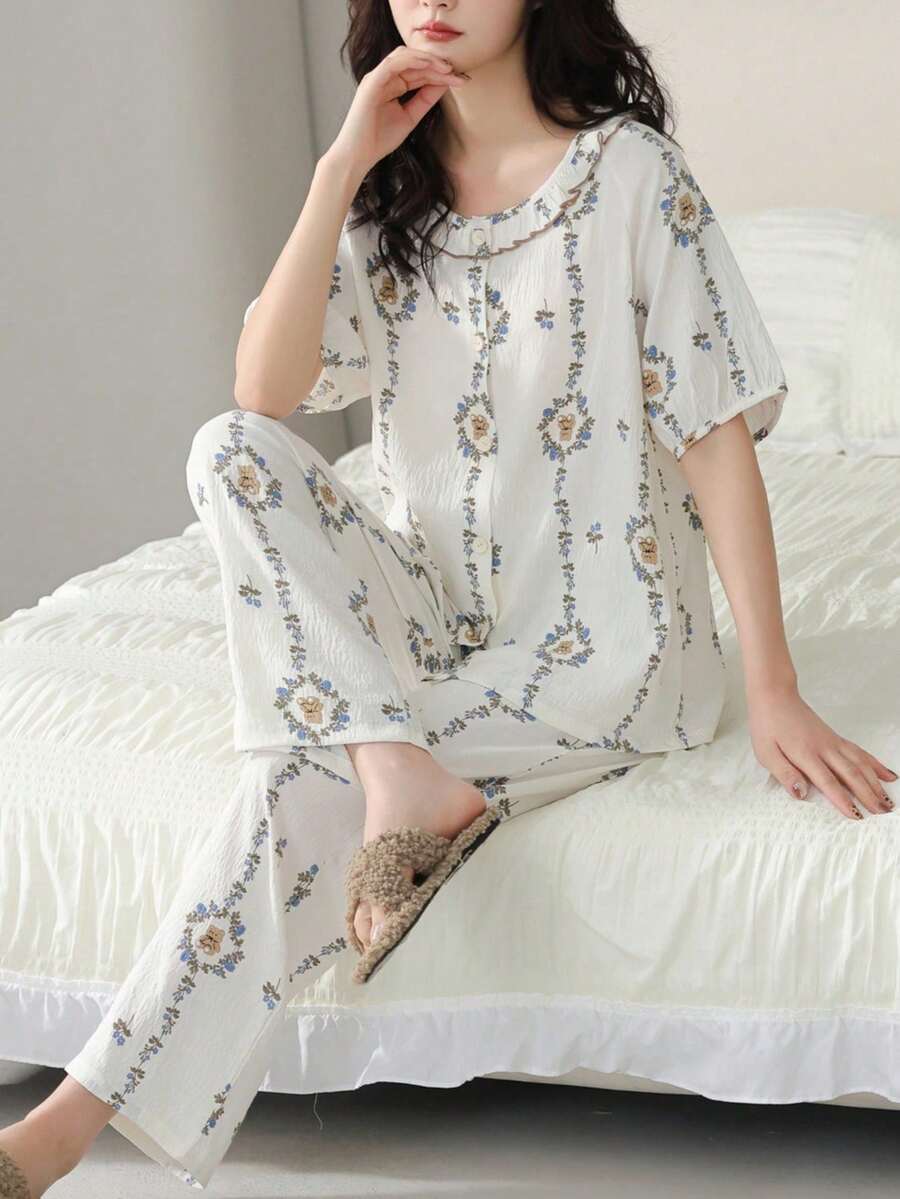2 pièces Ensemble de pyjama pour femme, Top de cardigan col rond avec imprimé floral et ourson mignon tout-sur-tout, pantalon avec imprimé floral et ourson mignon tout-sur-tout, confortable et style anglais, convient pour le printemps, l'automne et l'hiver, tenue de détente à la maison - Champagne - Voir 1