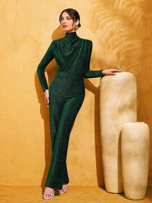 LOVE&LEMONADE Women's Shiny Green Turtleneck Ruched Design Long Sleeve Jumpsuit - Green - View 1