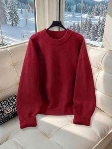 EAVA Women's Commuter Style, Minimalist European & American Style, Casual Solid Color Knit Sweater, Autumn/Winter - Red - View 2