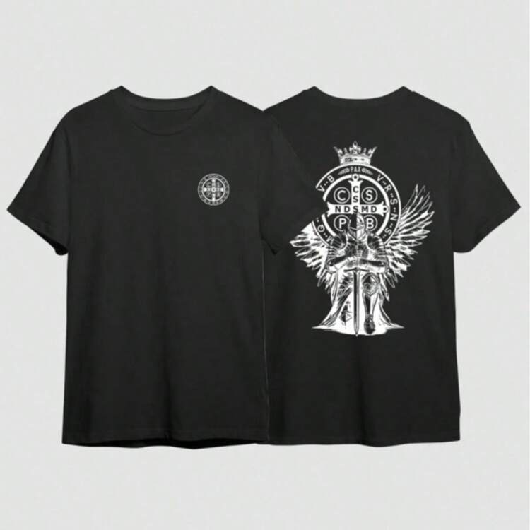 Camiseta Unissex Cristã Medalha de São Bento Santo Catolica Cavaleiro Cruz Sagrada Religiosa Oração Proteção - Preto - Visão 3