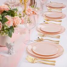 50Pcs Pink & Gold Plastic Dinnerware Set - Elegant Disposable Plates With Gold Trim, Includes 10 Gold Plastic Forks, Knives & Spoons, 10 Heavy-Duty 10.25" Dinner Plates & 10 7.5" Dessert Plates - Perfect For Weddings, Parties, Holidays & Family Gatherings - 彩色 - 查看 4