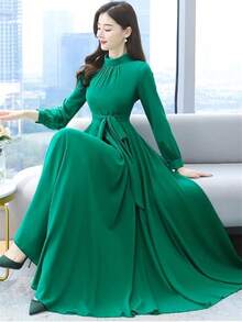 女士纯色优雅高领长袖连衣裙，配腰带，适合婚礼、春季派对等场合 - 綠色 - 查看 2