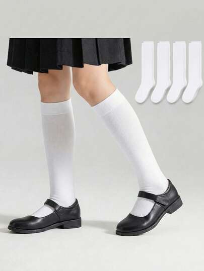8/4 Pairs Kids Knee High Socks, Solid Color Mid-Calf Socks, Comfortable Soft Girls Everyday Wear, All Season