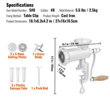 Manual Meat Grinder, Heavy Duty Cast Iron Hand Meat Grinder With Steel Table Clamp, Meat Mincer Sausage Maker With 1 Cutting Blade, 2 Cutting Plates, 3 Sausage Tubes For Beef Pepper Mushroom - Silver - View 7