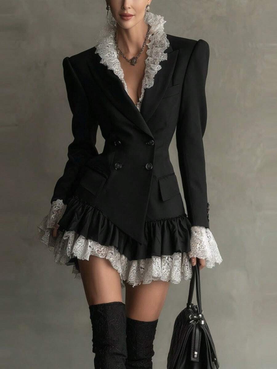 Lace Contrast Blazer Dress Women's Long Sleeve Structured Shoulder Double-Breasted Ruffled Hem Gown - Black - View 1