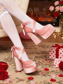 Lace Up Mary Jane Heels For Women Platform Chunky Heeled Shoes Goth Round Toe Y2K High Heels Lively Red Look - 淺粉色 - 查看 4