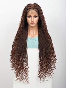 360°高清全蕾丝编织假发，无结波西米亚风编织假发，发尾卷曲，女士扭辫全蕾丝假发，带婴儿发，手工钩编合成纤维编织蕾丝假发，36英寸 - 彩色 - 查看 12