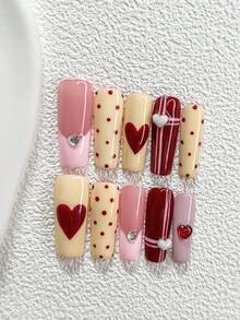 10pcs Macaron Nail Stickers, French Manicure, Decorated With Red Polka Dots And Hand-Painted Red Hearts, Shiny Rhinestone Hearts, Small White Hearts Nail Art Decor. Includes Nail Tools, 3 Shapes: Almond, Duck Mouth, And Coffin, Suitable For Parties, Daily Wear, Photography, Valentine's Day, Gatherings, An Excellent Gift For Girls And Women. Nails Handmade Press On Nails - Nhiều màu - Xem 15