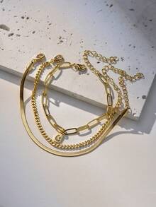 3pcs/Set Fashionable Minimalist Multi-Layer Gold-Tone Bracelet, Classic Chic Summer Vacation Gold Zirconia Star Moon Square Pendant Necklace & Stainless Steel Blade Chain Layered Bracelet For Women (Chain, Clasp & Bead Quantity Random) - Yellow Gold - View 6