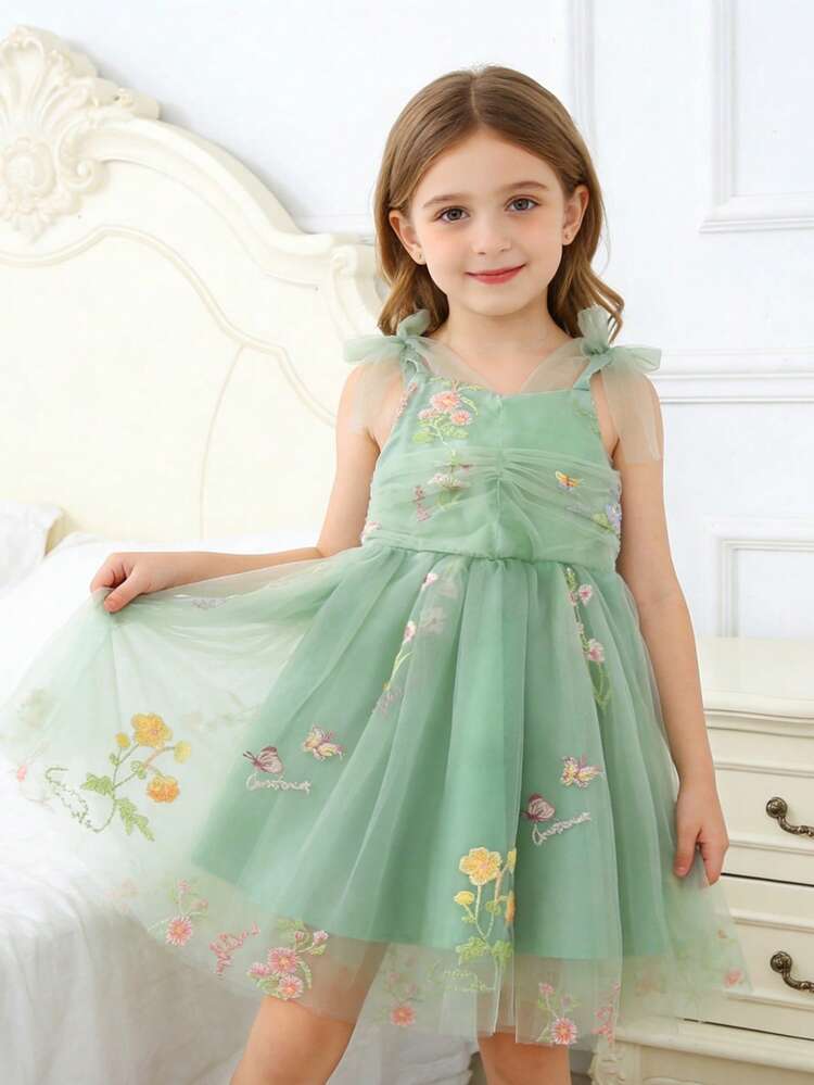 فستان توتو مطرز بالأزهار والفراشات الفاخر والحلو للفتاة الصغيرة، فستان رسمي للحفلات والأعياد والمناسبات، مناسب لجميع المواسم - أخضر - مشاهدة 2