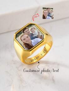 1pc Fashionable Customized Photo Laser Engraved Text Stainless Steel Square Geometric Stamp Gold/Silver Unisex Ring, Personalized Jewelry Gift For Valentine's Day, Mother's Day, Father's Day, Graduation, Baptism Souvenir - Multicolor - View 7