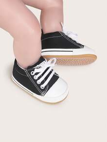 1双婴儿帆布鞋，幼儿学步鞋，系带设计，简约百搭，适合所有季节 - 黑色 - 查看 4