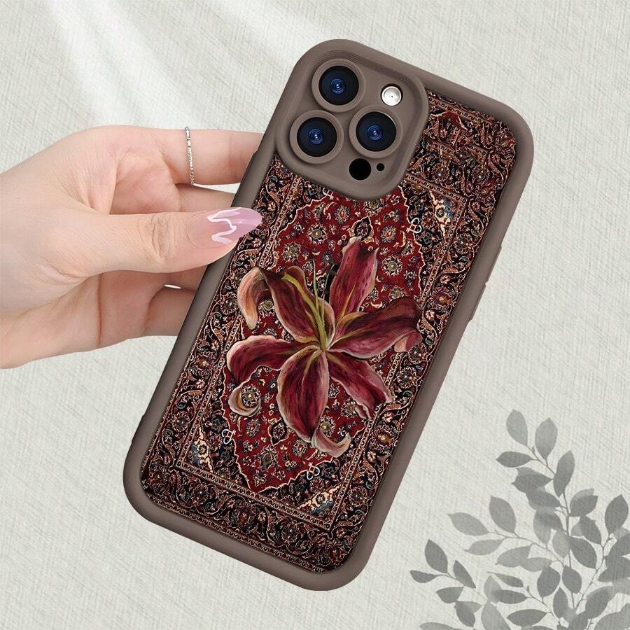 Vintage Floral Pattern Phone Case With Persian Rug Inspired Design, Retro Lily Flower Print, Thickened Shockproof Protection, Matte Finish, Multi - Color Options, Compatible With IPhone 17/16/15/14/13/12/11/7/X - Coffee Brown - View 1