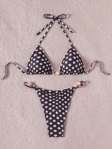 Women Polka Dot Bikini Sets Sexy Halter String Triangle High Cut Cheeky 2 Piece Bathing Suit - Brown - View 5
