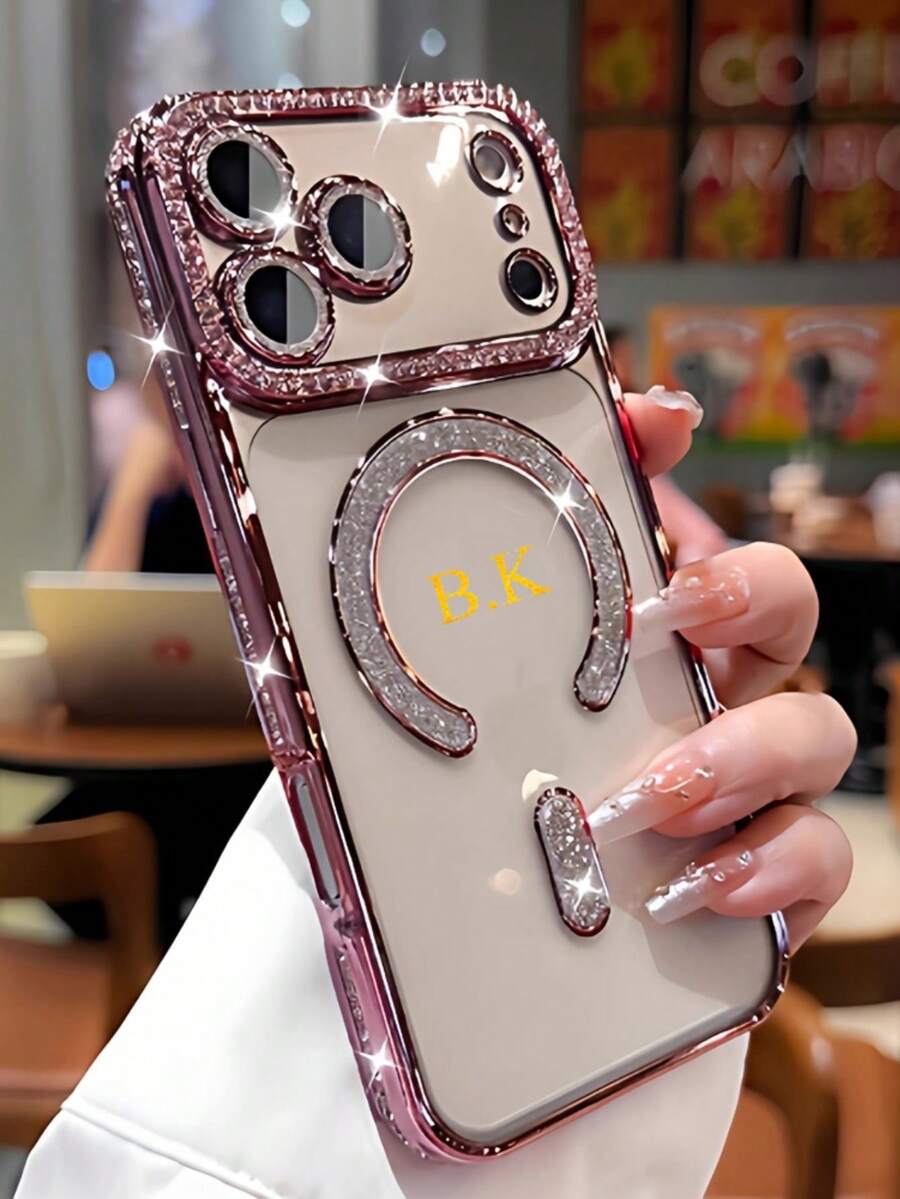 Customized (With Magnetic Attraction) Full Diamond Covered Lens Shiny Magnetic Phone Case With Sparkling Diamonds On The Side, Compatible With Apple 17, 16, 15, 14, 13 Pro Max Plus Air, Supports Wireless Charging, Anti-Fall, Anti-Fingerprint, Korean Minimalist Retro Couple Phone Case, Suitable For Women Birthday/Christmas/Ladies Gift - Pink - View 1
