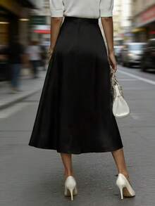 女士纯色高腰优雅OL风中长裙 春季黑色 - 黑色 - 查看 3