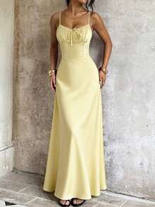 PoPoHouse 女士长裙，优雅性感波西米亚风沙滩度假黄色派对吊带裙，情人节女装，春夏女装 - 黃色 - 查看 5