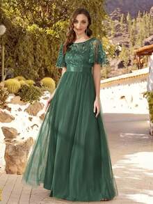 EVERPRETTY Elegant Floral Sequin Ruffle Sleeve Dress, Mesh Formal Gown Suitable For Cocktail Party, Spring/Summer Wedding Guest, Party And Valentine's Day Occasions - Olive Green - View 6