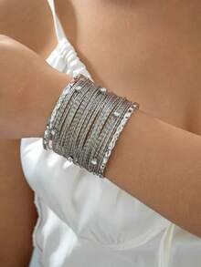 1件极简半圆形镂空几何C形金属手镯，珠宝礼品，适合派对和宴会场合 - 彩色 - 查看 5