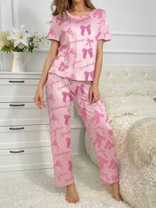 Women's Casual Bow & Letter All-Over Print Pajama Set - Multicolor - View 5