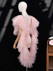 1 pièce Châle long en mousseline de soie rose à volants multicouches, accessoire de robe de soirée de style européen et américain à la mode, convient pour l'hôtesse, les représentations, les événements formels, les galas, la photographie, les tenues de la Saint-Valentin - Rose saumon - Voir 5