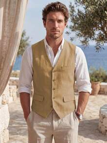 Mens Vests Breathable Cotton Linen Vest V Neck Summer Beach Wedding Party Groomsmen Casual Waistcoat Outfits Tuxedos - 棕色 - 查看 5