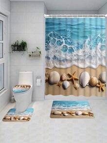 1/4 piezas Juego de cortina de ducha y alfombra antideslizante con diseño de olas oceánicas, para decoración de baño, un regalo de decoración del hogar elegante y práctico - Multicolor - Ver 9