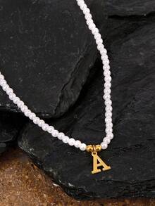 Opalesca 1pc Elegant Polyresin Stainless Steel Letter Pendant Necklace Faux Pearl Beaded Necklace For Women For Gift - Multicolor - View 4