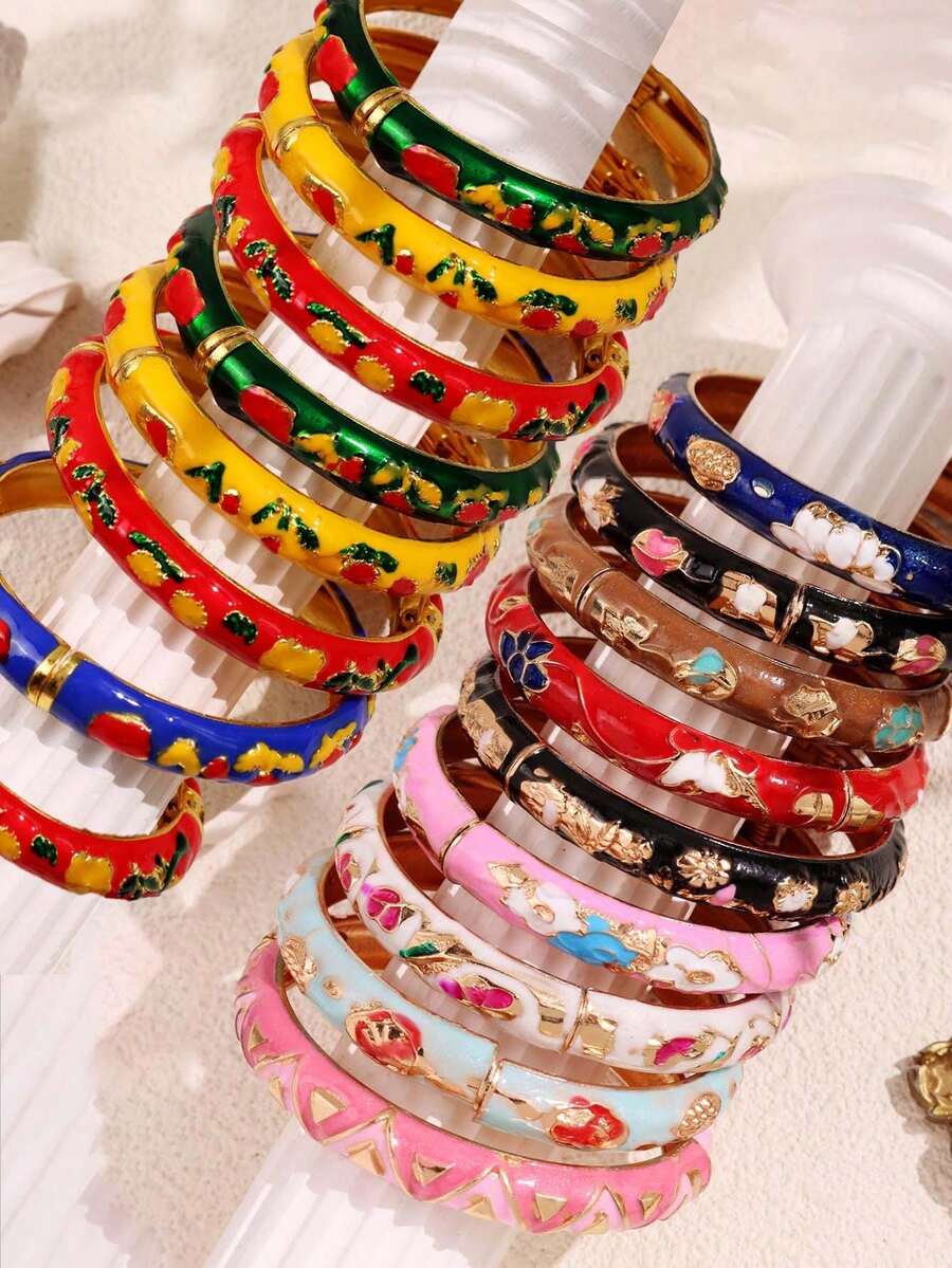 20/15/12/10/7/5/3/1件 随机颜色 几何纹理 复古优雅 奢华宫廷珐琅手镯，彩色涂鸦花卉几何线条手镯