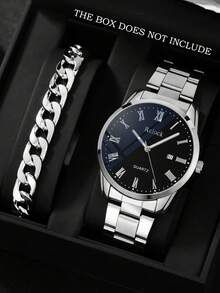 2pcs/Set Casual Business Men's Quartz Watch Set, Men's Silver Accessory Set (Includes 1 Silver Metal Band Quartz Watch With Roman Numeral Black Dial And Date Display, And 1 Chain Bracelet). This Set Features A Silver Metal Watch Case, Paired With A Roman Numeral Dial And Date Display. The Bracelet Has A Thick Chain Design, With A Simple Business Style That Showcases The Refined Charm Of Men. - Silver - View 1