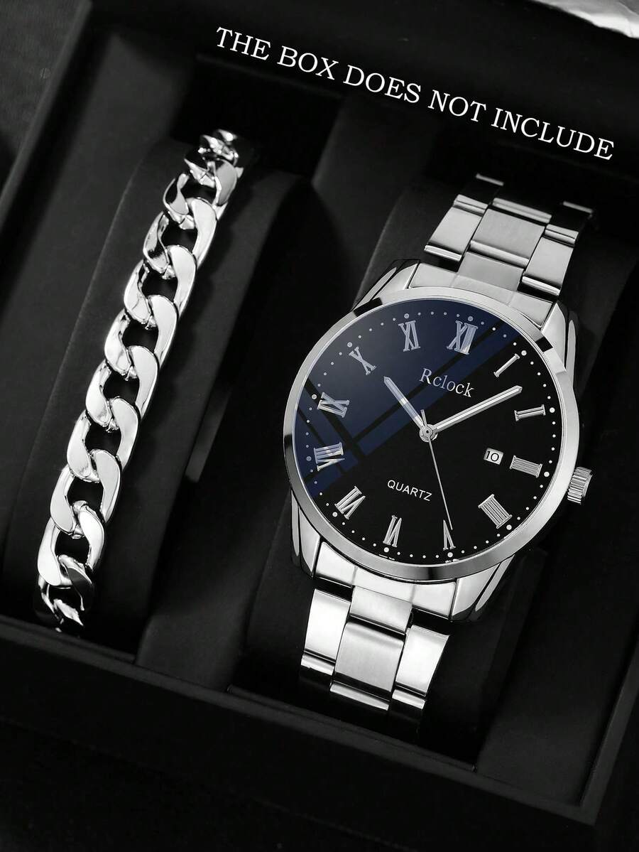 2pcs/Set Casual Business Men's Quartz Watch Set, Men's Silver Accessory Set (Includes 1 Silver Metal Band Quartz Watch With Roman Numeral Black Dial And Date Display, And 1 Chain Bracelet). This Set Features A Silver Metal Watch Case, Paired With A Roman Numeral Dial And Date Display. The Bracelet Has A Thick Chain Design, With A Simple Business Style That Showcases The Refined Charm Of Men. - Silver - View 1