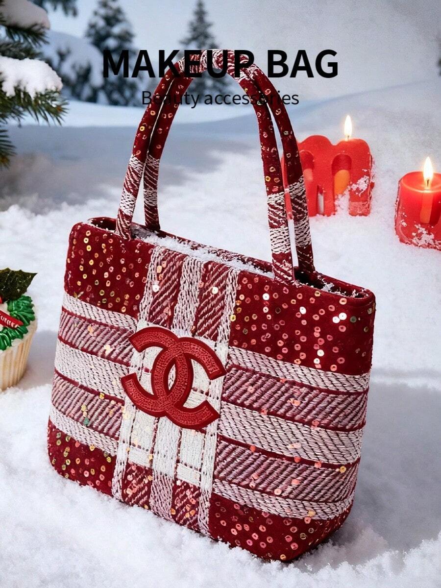 CHANEL Tweed Soft Wool Sequin Decor Handbag, Knitted Design Women Handbag - Fashionable Accessory, Perfect Match For Women Casual Chic Outfit - Burgundy - View 1