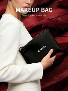 CHANEL Large Capacity Foldable Black Canvas Cosmetic Bag, Classic Waffle Design, Unisex Waterproof Toiletry Bag, Luxury Travel Essential Gift Series - Black - View 5