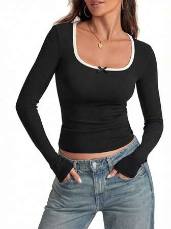 Camiseta de manga larga de cuello redondo de ajuste delgado con contraste de color casual, para uso diario, primavera/otoño