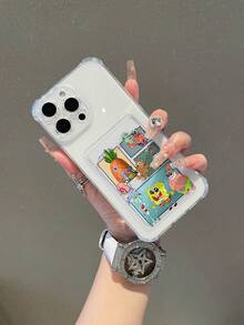 1pc Cute & Fun Transparent Card Holder Case, Minimalist Design - Patchwork Spongebob & Teddy Bear Painted Pattern, Shockproof Phone Case Compatible With IPhone 11/12/12 Pro Max/14 Pro Max/15/15 Pro/16/16 Pro Max/17 And Other Models - Multicolor - View 3
