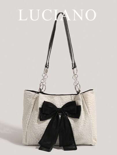 1 White Women's Bag, Fashionable High-End Bow Contrasting Single Shoulder Tote Bag, Large Capacity Design, Suitable For Summer Commuting; College Sail Cloth Bag; Sweet And Lovely Bow Bag, A Must-Have For Ladies