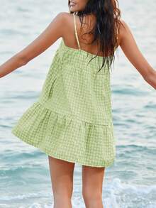 Women's Summer Plaid Mini Dress Spaghetti Strap Sleeveless A-Line Casual Beach Sundress With Pockets - 綠色 - 查看 4